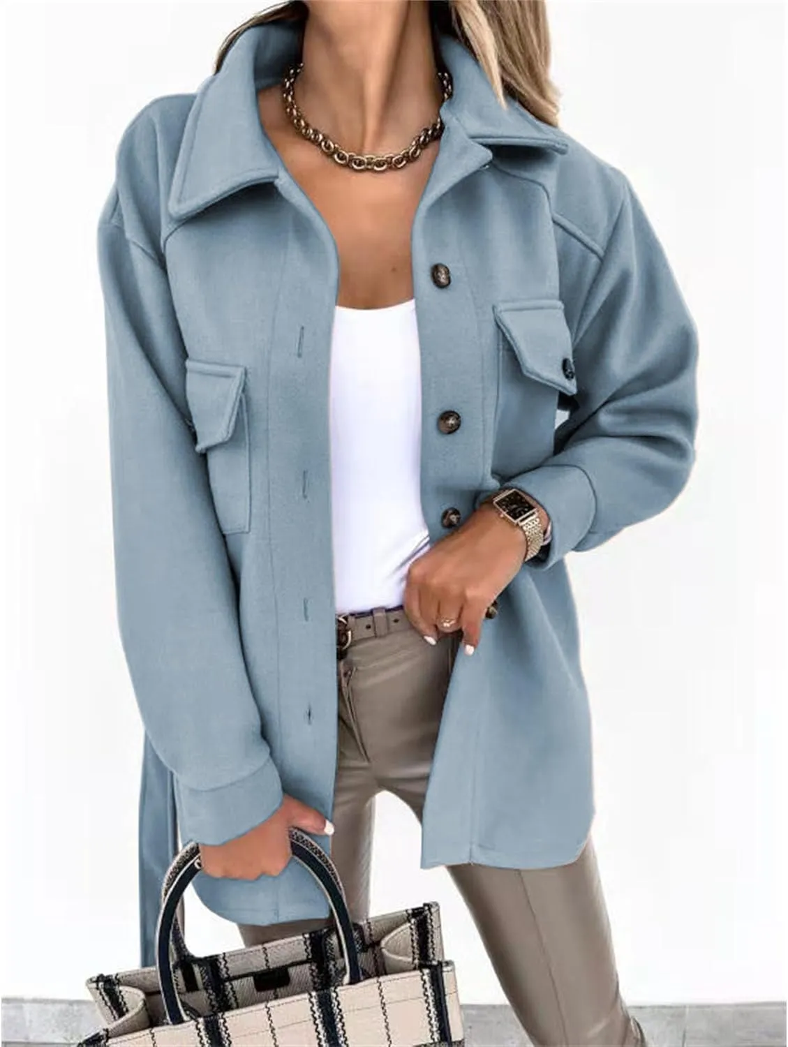 Maiyifu-GJ Women's Casual Trench Coat Wool Blend Coats Jackets Lapel Single Breasted Overcoats Mid Length Outerwear