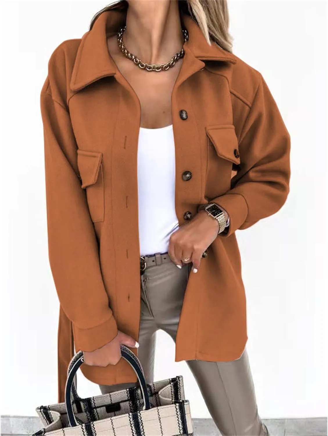 Maiyifu-GJ Women's Casual Trench Coat Wool Blend Coats Jackets Lapel Single Breasted Overcoats Mid Length Outerwear