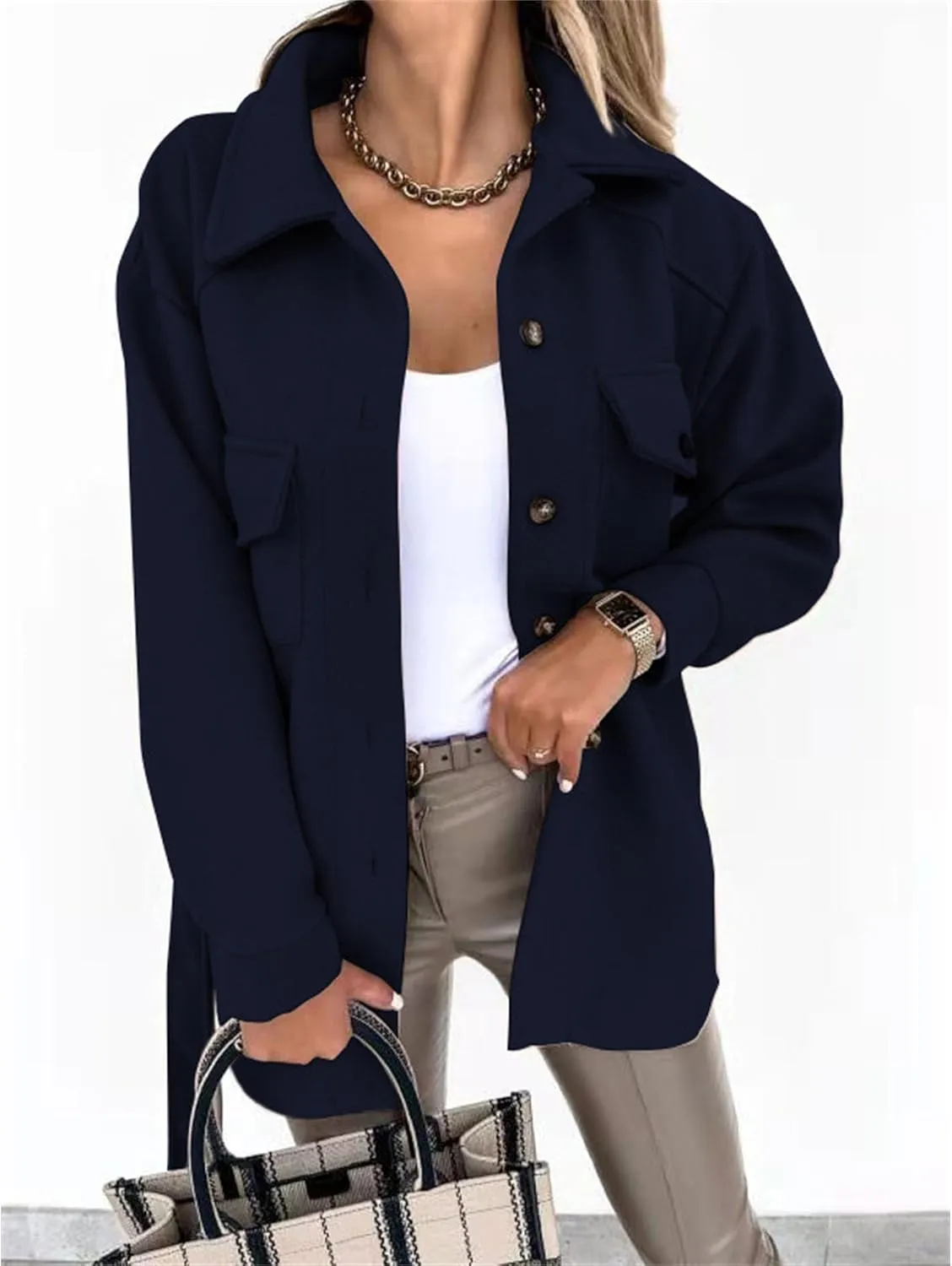 Maiyifu-GJ Women's Casual Trench Coat Wool Blend Coats Jackets Lapel Single Breasted Overcoats Mid Length Outerwear