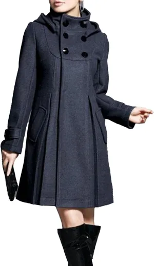 Maiyifu-GJ Womens Double Breasted Wool Blend Trench Coats Mid-Long Stand Collar Long Sleeve Dresses Overcoat Hooded Coat