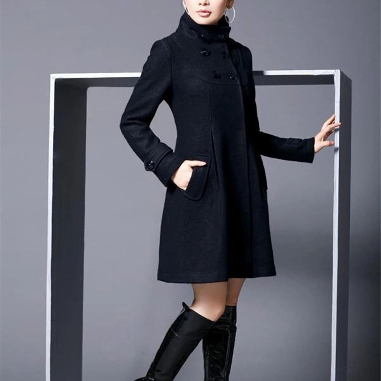 Maiyifu-GJ Womens Double Breasted Wool Blend Trench Coats Mid-Long Stand Collar Long Sleeve Dresses Overcoat Hooded Coat