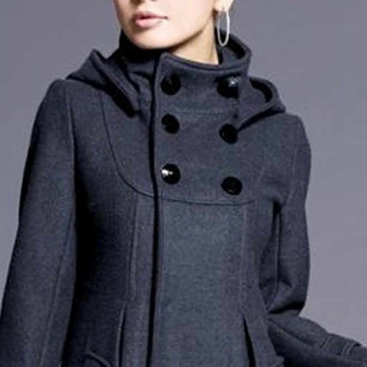 Maiyifu-GJ Womens Double Breasted Wool Blend Trench Coats Mid-Long Stand Collar Long Sleeve Dresses Overcoat Hooded Coat