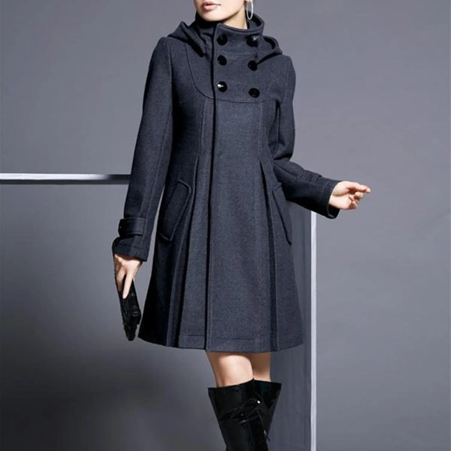 Maiyifu-GJ Womens Double Breasted Wool Blend Trench Coats Mid-Long Stand Collar Long Sleeve Dresses Overcoat Hooded Coat