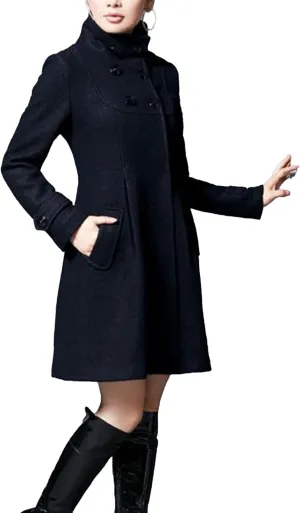 Maiyifu-GJ Womens Double Breasted Wool Blend Trench Coats Mid-Long Stand Collar Long Sleeve Dresses Overcoat Hooded Coat