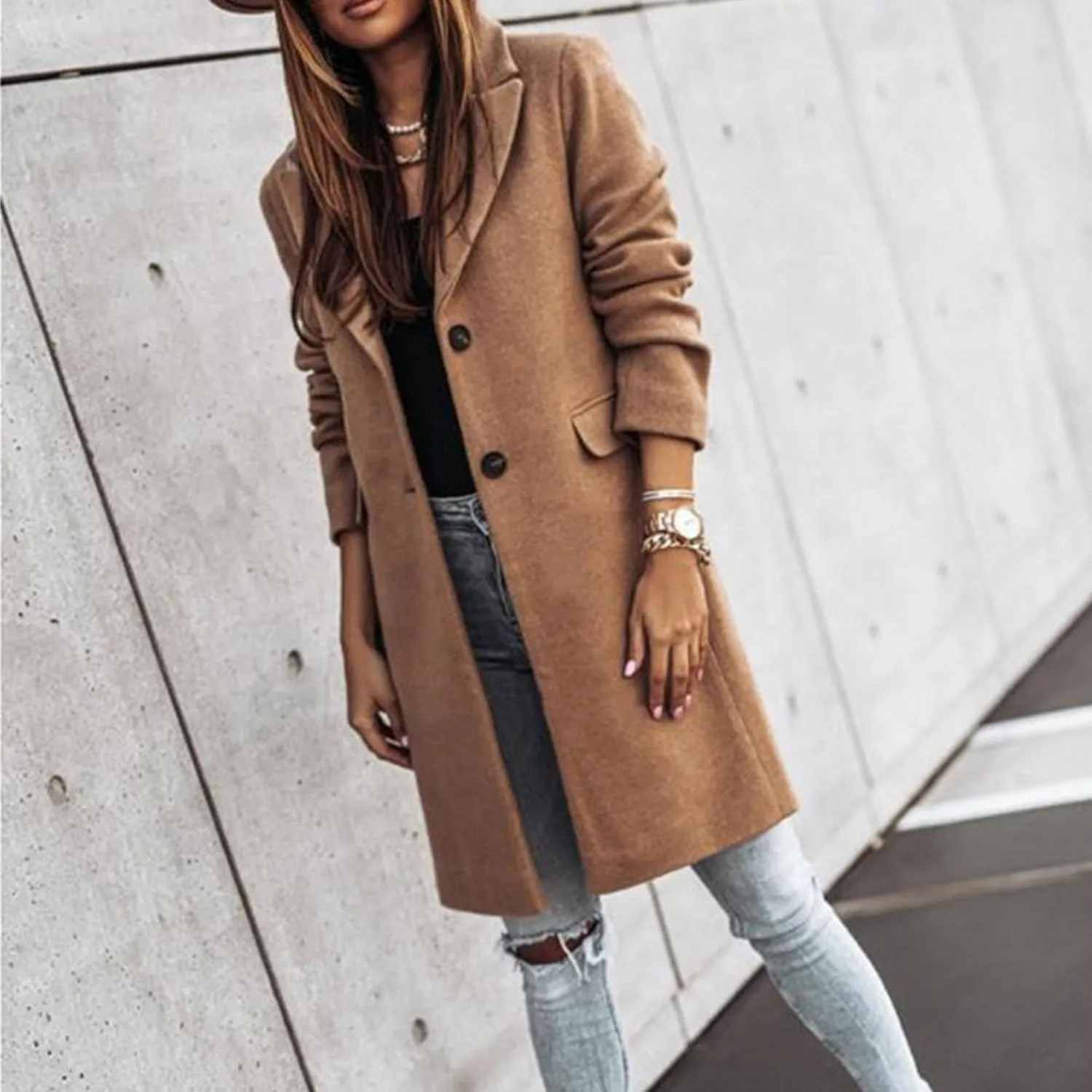 Maiyifu-GJ Women's Elegant Notch Lapel Wool Blend Trench Coats Winter Mid Long Single Breasted Coat Overcoat Outerwear