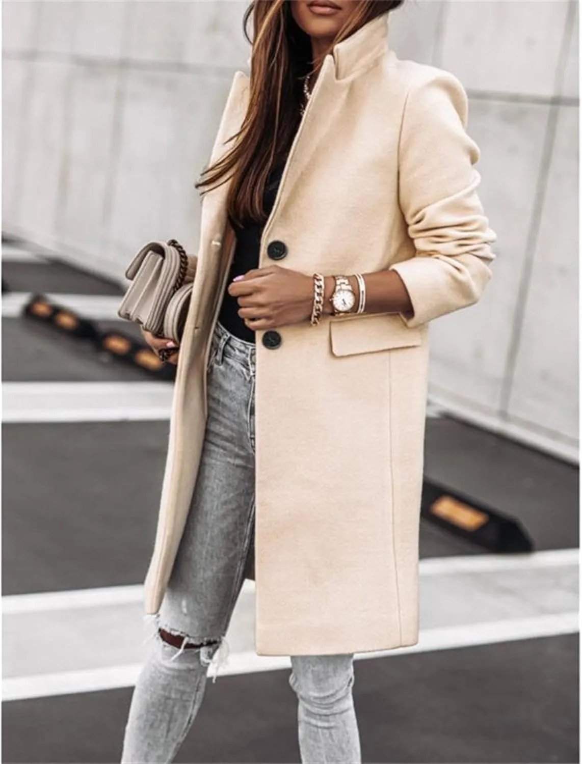 Maiyifu-GJ Women's Elegant Notch Lapel Wool Blend Trench Coats Winter Mid Long Single Breasted Coat Overcoat Outerwear