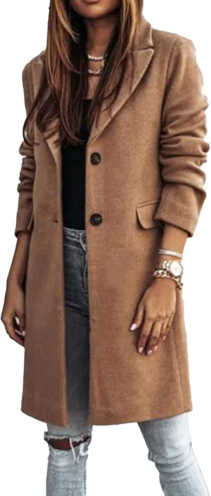 Maiyifu-GJ Women's Elegant Notch Lapel Wool Blend Trench Coats Winter Mid Long Single Breasted Coat Overcoat Outerwear