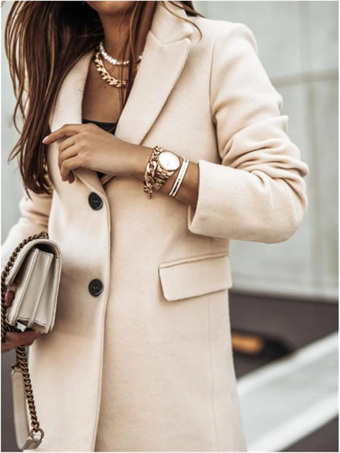 Maiyifu-GJ Women's Elegant Notch Lapel Wool Blend Trench Coats Winter Mid Long Single Breasted Coat Overcoat Outerwear
