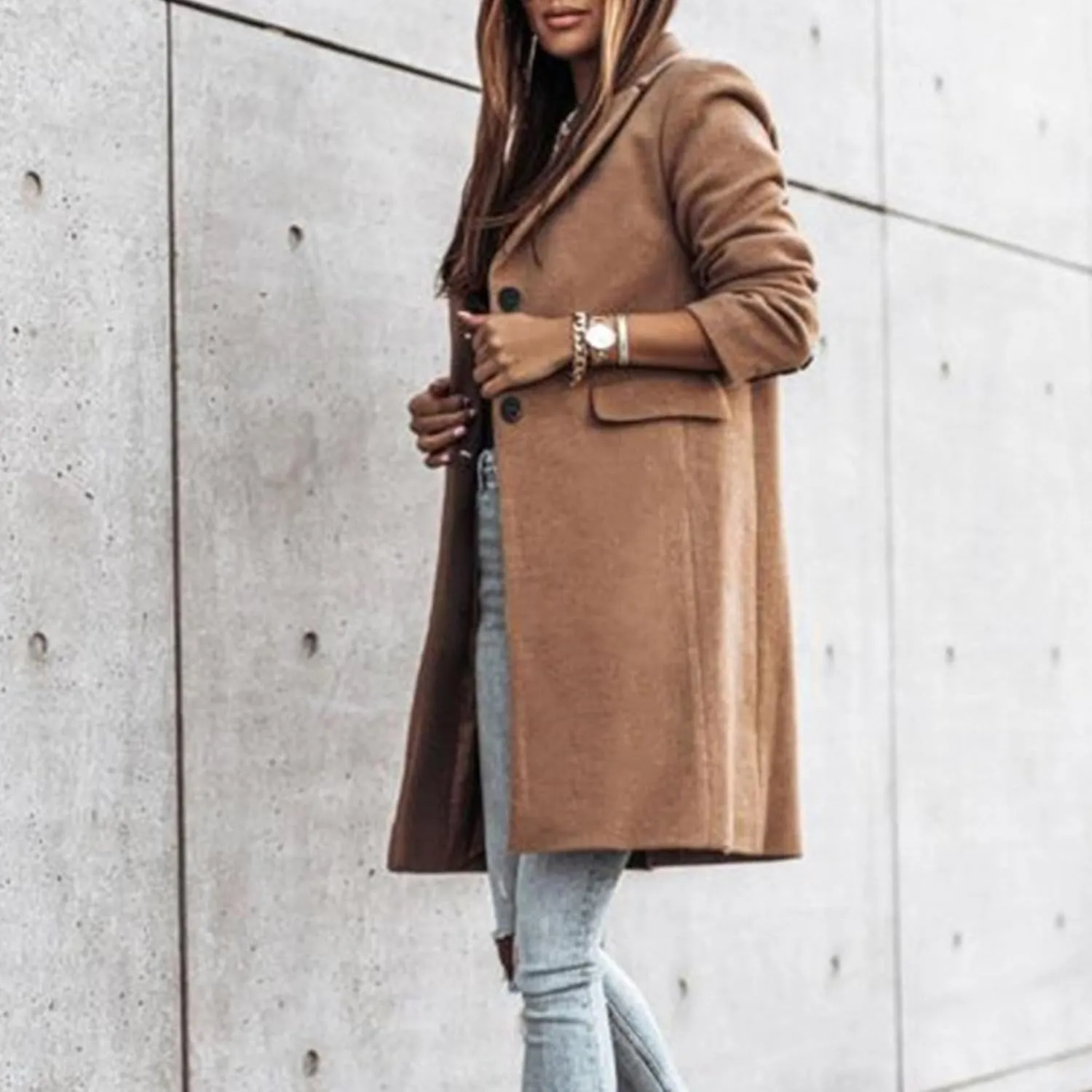 Maiyifu-GJ Women's Elegant Notch Lapel Wool Blend Trench Coats Winter Mid Long Single Breasted Coat Overcoat Outerwear