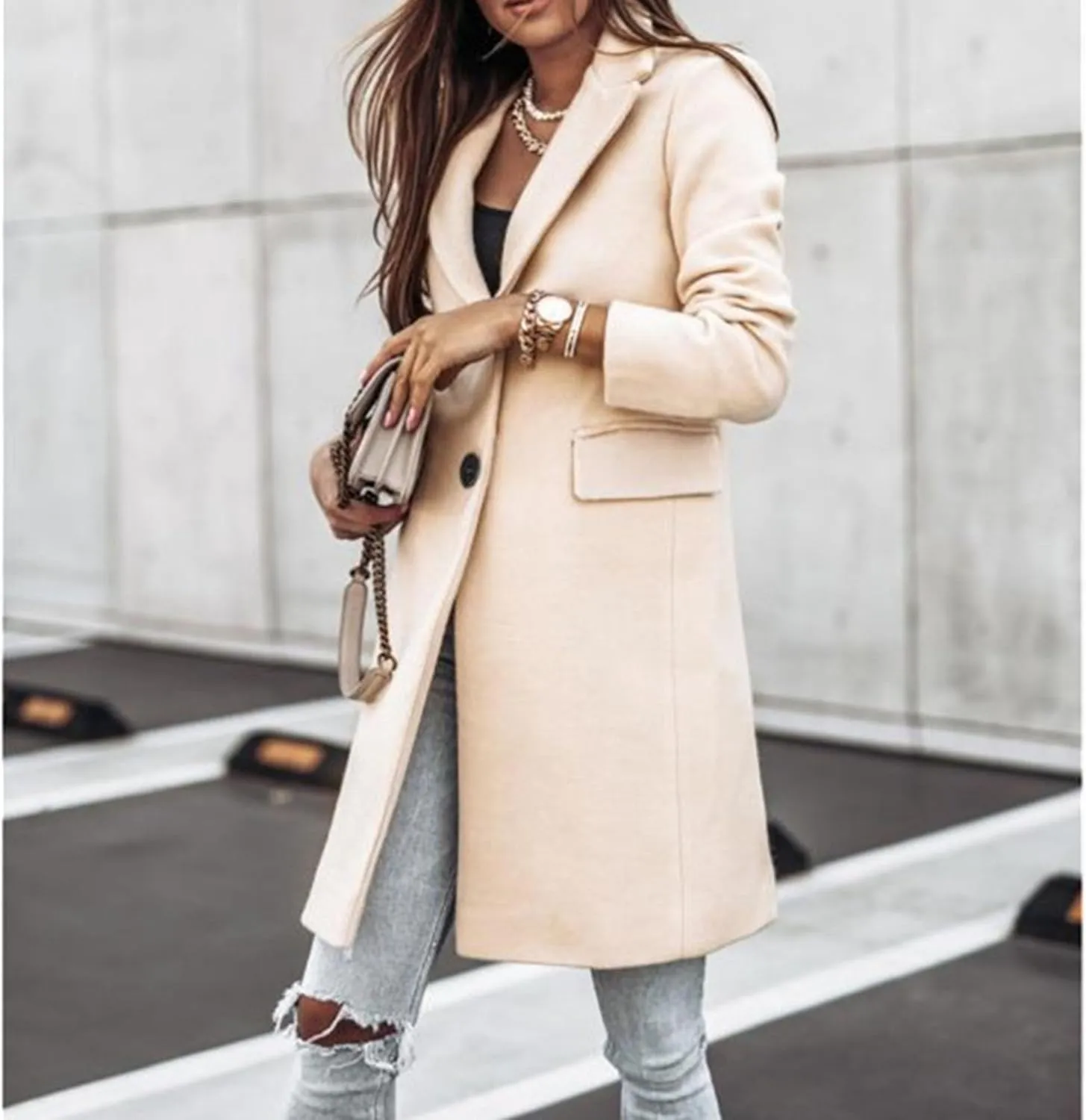 Maiyifu-GJ Women's Elegant Notch Lapel Wool Blend Trench Coats Winter Mid Long Single Breasted Coat Overcoat Outerwear