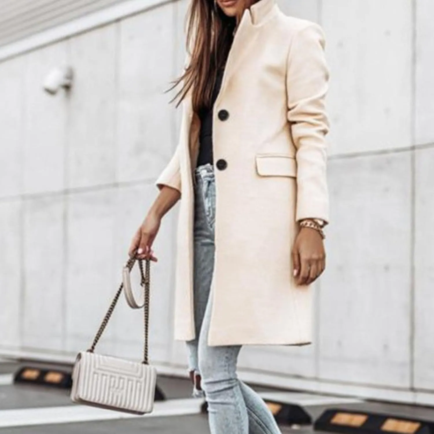 Maiyifu-GJ Women's Elegant Notch Lapel Wool Blend Trench Coats Winter Mid Long Single Breasted Coat Overcoat Outerwear
