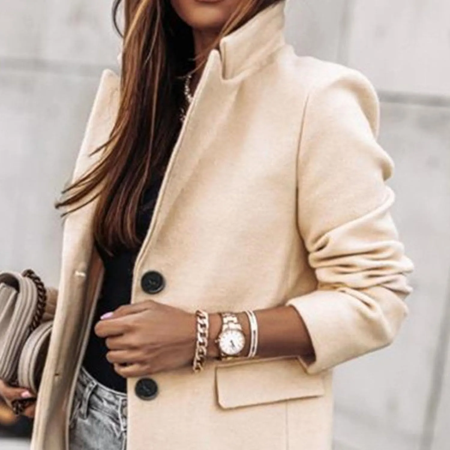 Maiyifu-GJ Women's Elegant Notch Lapel Wool Blend Trench Coats Winter Mid Long Single Breasted Coat Overcoat Outerwear
