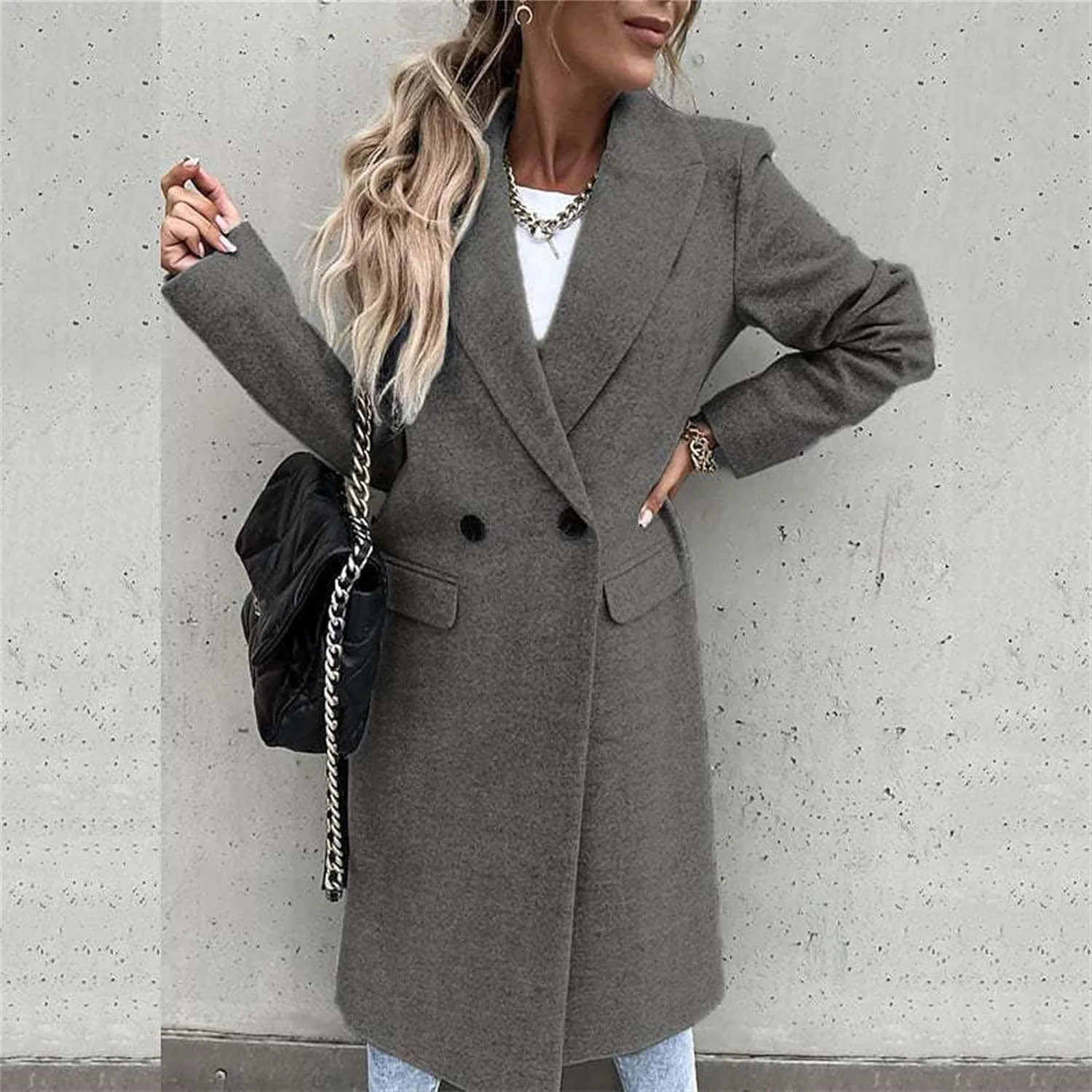 Maiyifu-GJ Womens Elegant Notched Lapel Double Breasted Wool Blend Coat Jacket Long Trench Coat Winter Overcoat Outerwear