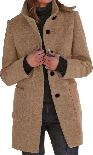 Maiyifu-GJ Womens Elegant Single Breasted Wool Trench Coat Casual Stand Collar Slim Fit Jacket Fall Long Sleeve Cardigan