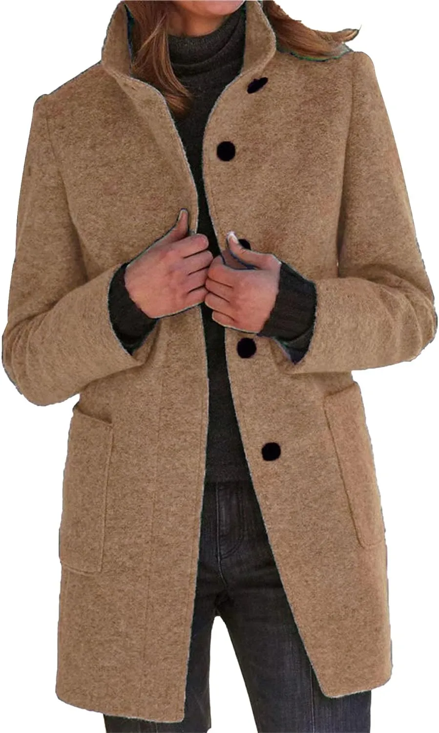Maiyifu-GJ Womens Elegant Single Breasted Wool Trench Coat Casual Stand Collar Slim Fit Jacket Fall Long Sleeve Cardigan