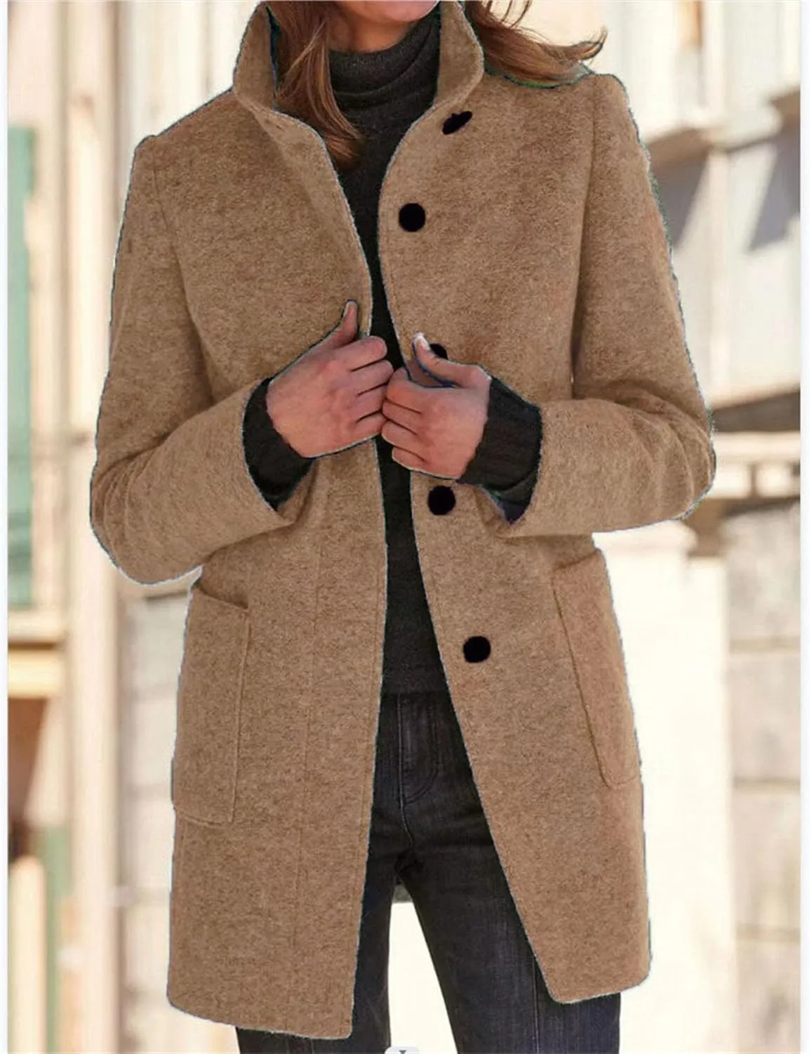 Maiyifu-GJ Womens Elegant Single Breasted Wool Trench Coat Casual Stand Collar Slim Fit Jacket Fall Long Sleeve Cardigan