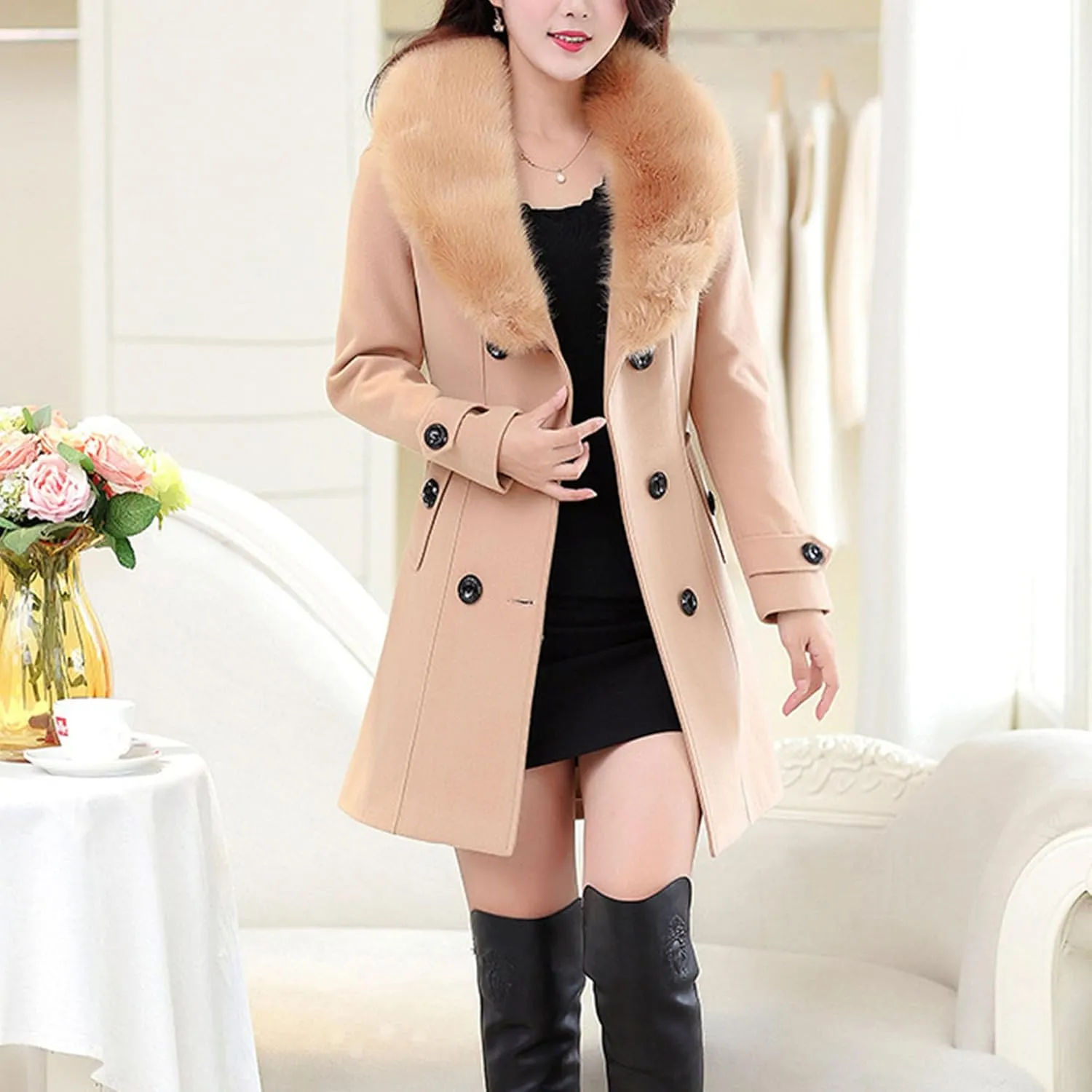Maiyifu-GJ Women's Faux Fur Lapel Double Breasted Wool Trench Coat Winter Warm Mid-length Coat Jacket Overcoat with Belt