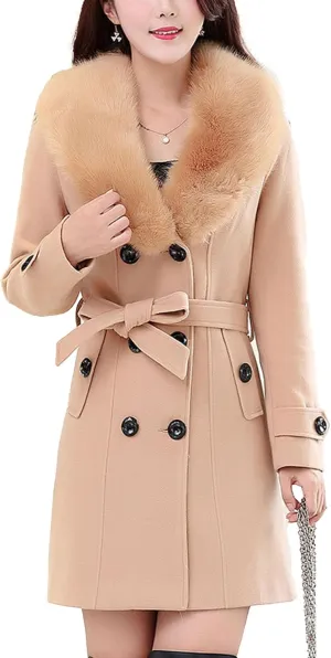 Maiyifu-GJ Women's Faux Fur Lapel Double Breasted Wool Trench Coat Winter Warm Mid-length Coat Jacket Overcoat with Belt