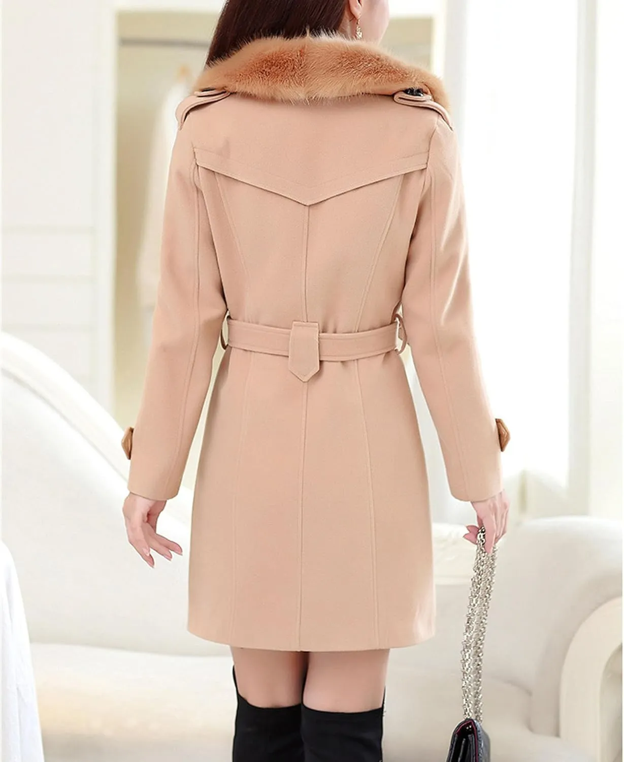 Maiyifu-GJ Women's Faux Fur Lapel Double Breasted Wool Trench Coat Winter Warm Mid-length Coat Jacket Overcoat with Belt