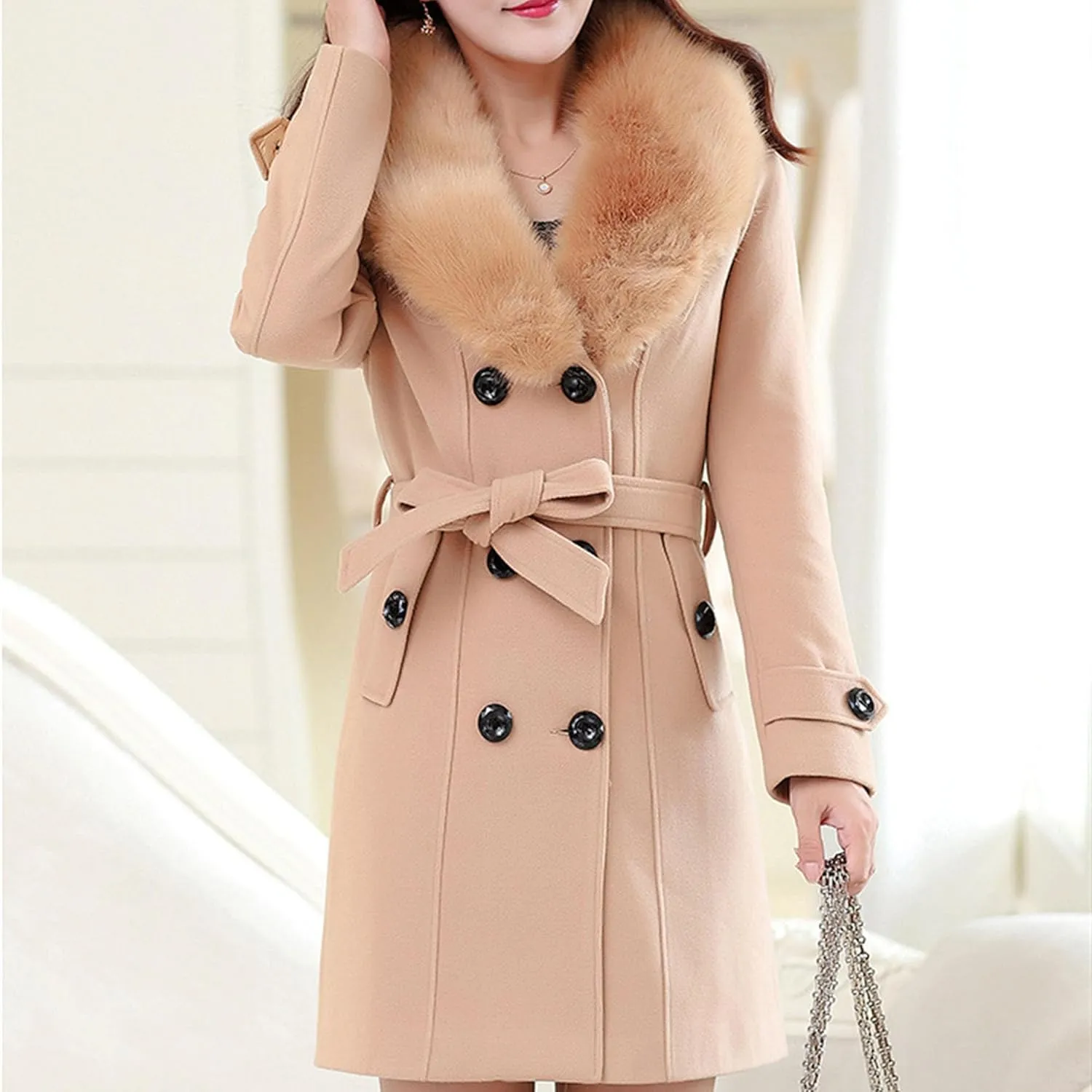 Maiyifu-GJ Women's Faux Fur Lapel Double Breasted Wool Trench Coat Winter Warm Mid-length Coat Jacket Overcoat with Belt