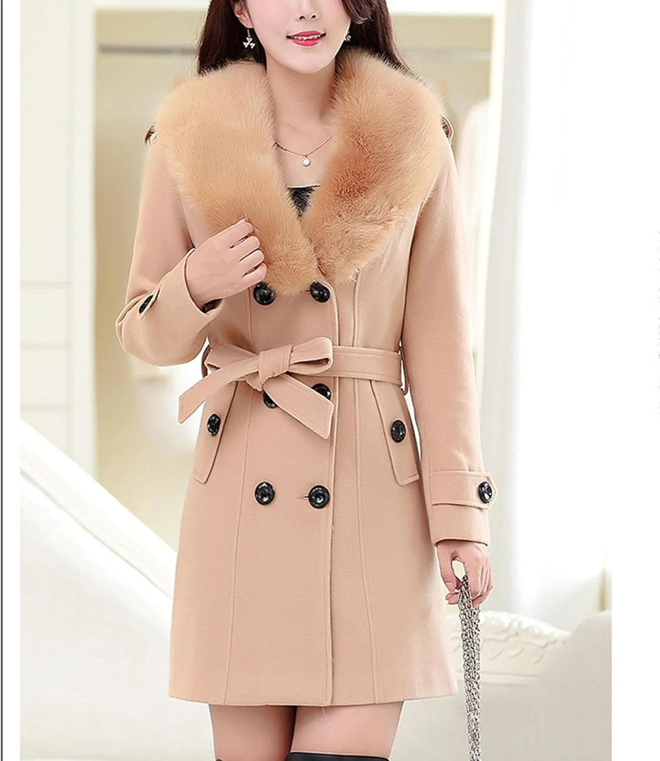 Maiyifu-GJ Women's Faux Fur Lapel Double Breasted Wool Trench Coat Winter Warm Mid-length Coat Jacket Overcoat with Belt
