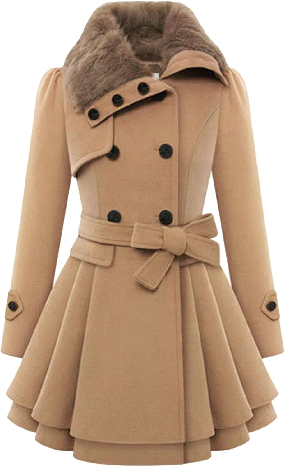 Maiyifu-GJ Womens Lapel Faux Fur Collar Wool Blend Trench Coat Vintage Double Breasted Long Jacket Casual Coat with Belt