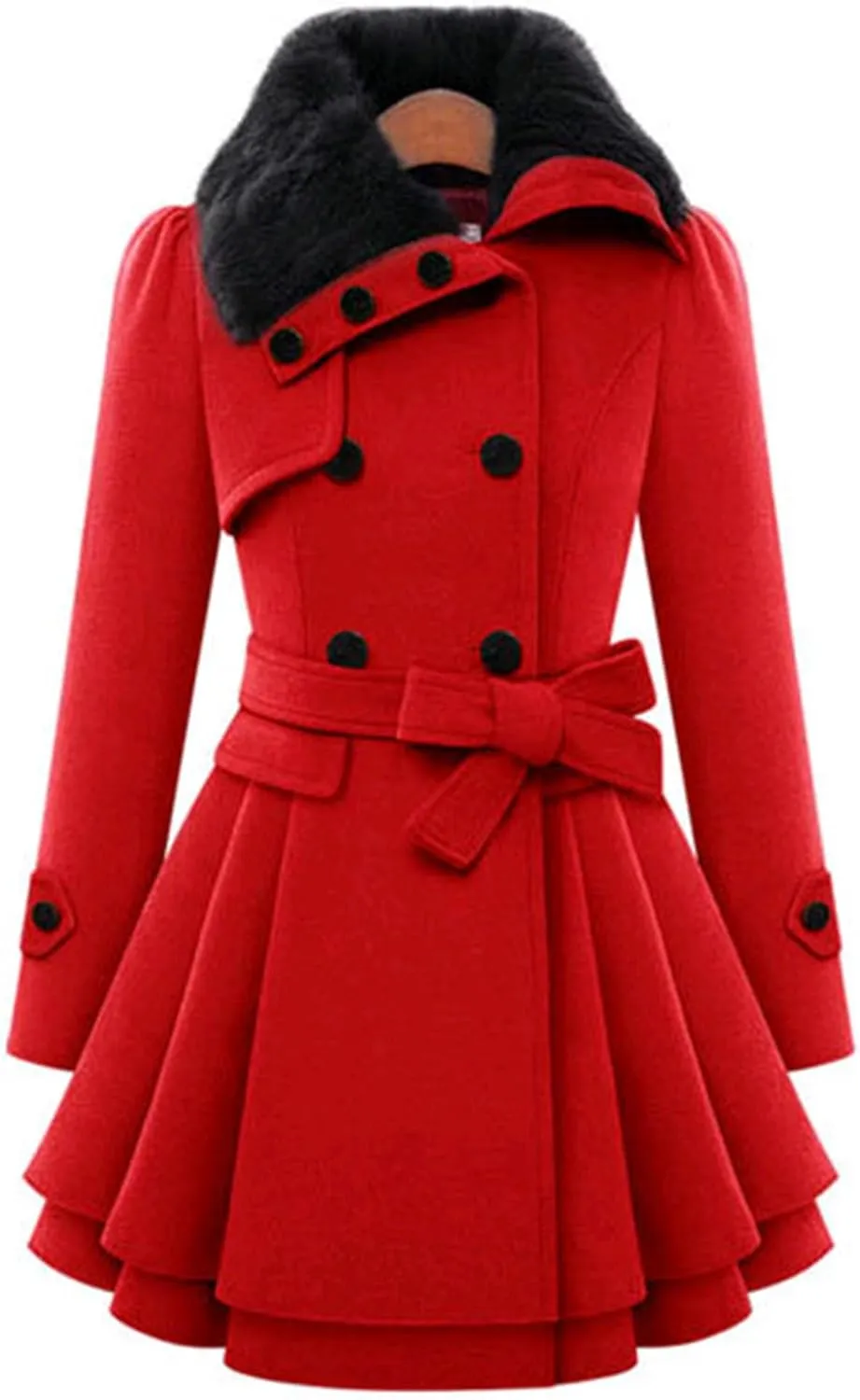 Maiyifu-GJ Womens Lapel Faux Fur Collar Wool Blend Trench Coat Vintage Double Breasted Long Jacket Casual Coat with Belt