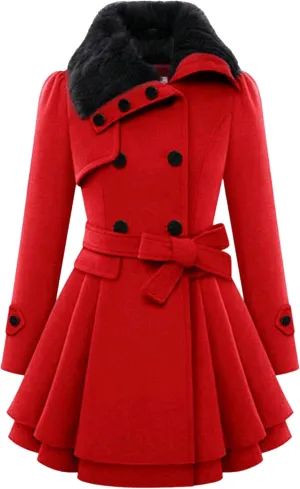 Maiyifu-GJ Womens Lapel Faux Fur Collar Wool Blend Trench Coat Vintage Double Breasted Long Jacket Casual Coat with Belt