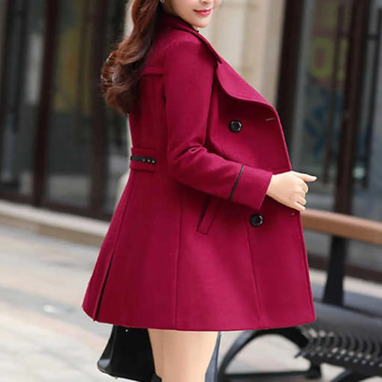 Maiyifu-GJ Women's Mid-Long Wool Blend Coat Double Breasted Notched Lapel Trench Jackets Spring Fall Casual Overcoat