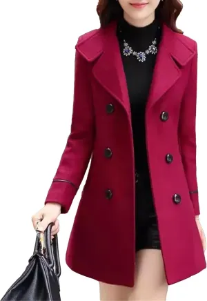 Maiyifu-GJ Women's Mid-Long Wool Blend Coat Double Breasted Notched Lapel Trench Jackets Spring Fall Casual Overcoat