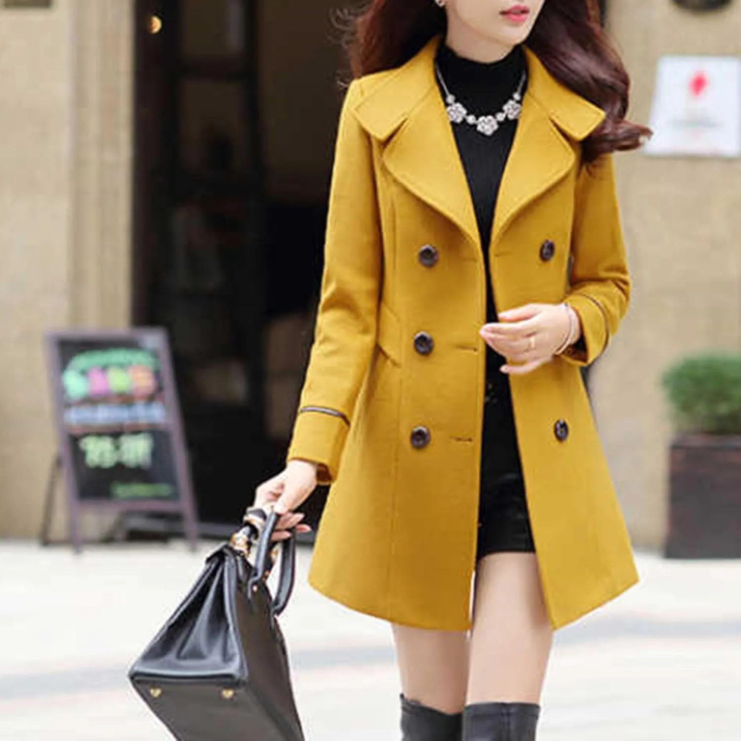 Maiyifu-GJ Women's Mid-Long Wool Blend Coat Double Breasted Notched Lapel Trench Jackets Spring Fall Casual Overcoat