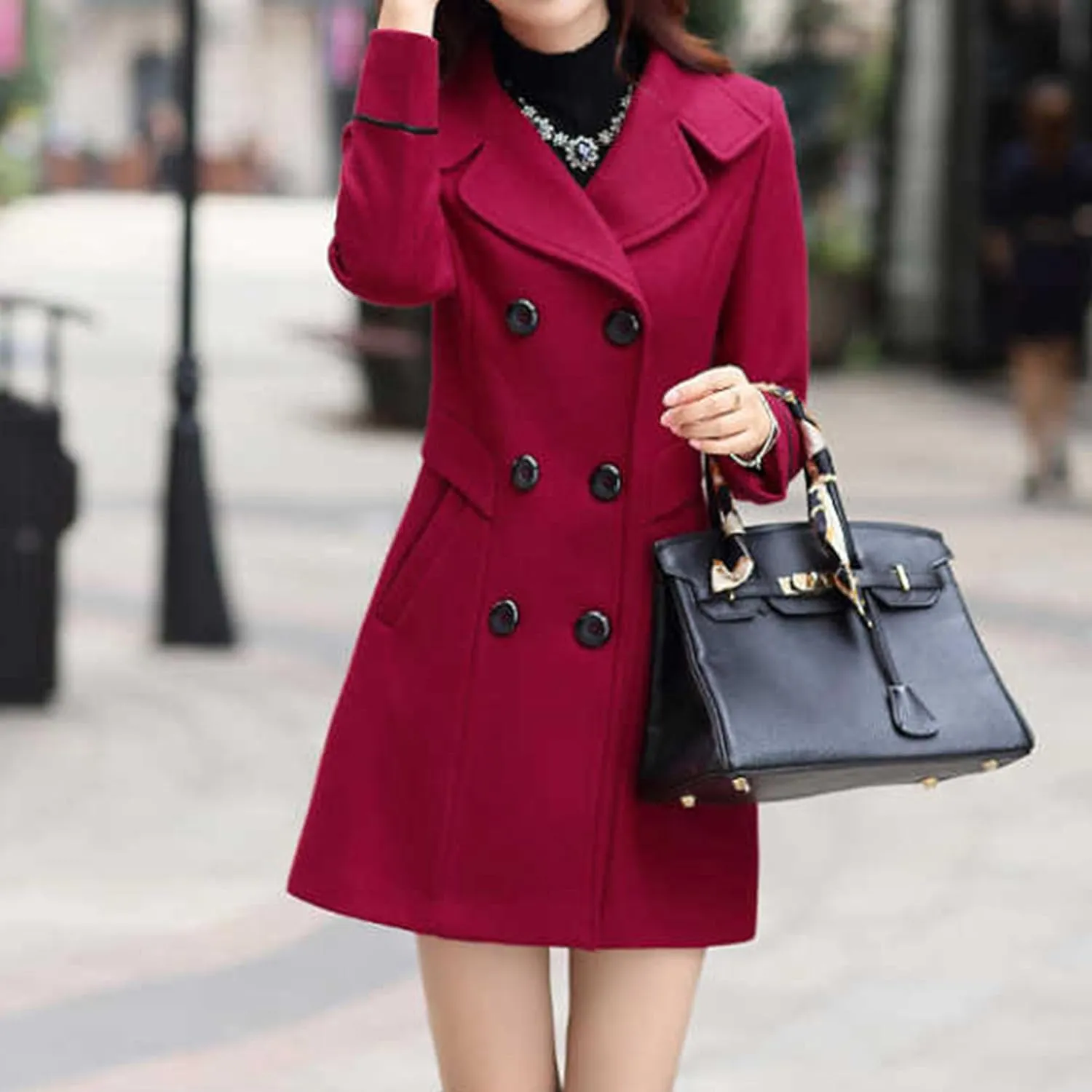 Maiyifu-GJ Women's Mid-Long Wool Blend Coat Double Breasted Notched Lapel Trench Jackets Spring Fall Casual Overcoat