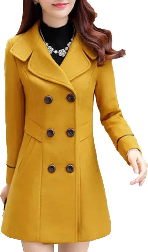 Maiyifu-GJ Women's Mid-Long Wool Blend Coat Double Breasted Notched Lapel Trench Jackets Spring Fall Casual Overcoat