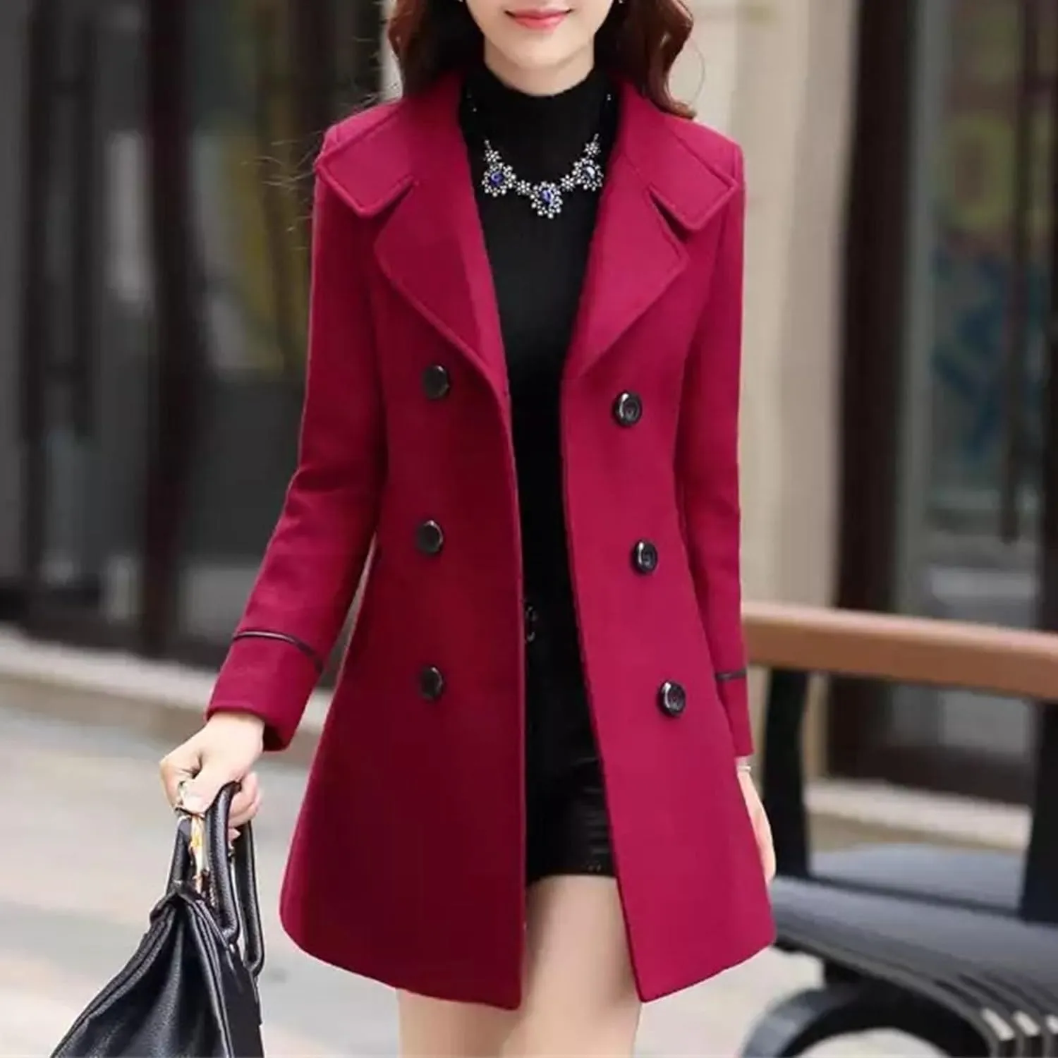 Maiyifu-GJ Women's Mid-Long Wool Blend Coat Double Breasted Notched Lapel Trench Jackets Spring Fall Casual Overcoat