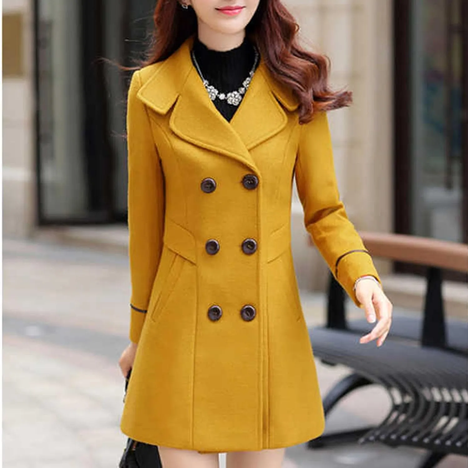 Maiyifu-GJ Women's Mid-Long Wool Blend Coat Double Breasted Notched Lapel Trench Jackets Spring Fall Casual Overcoat