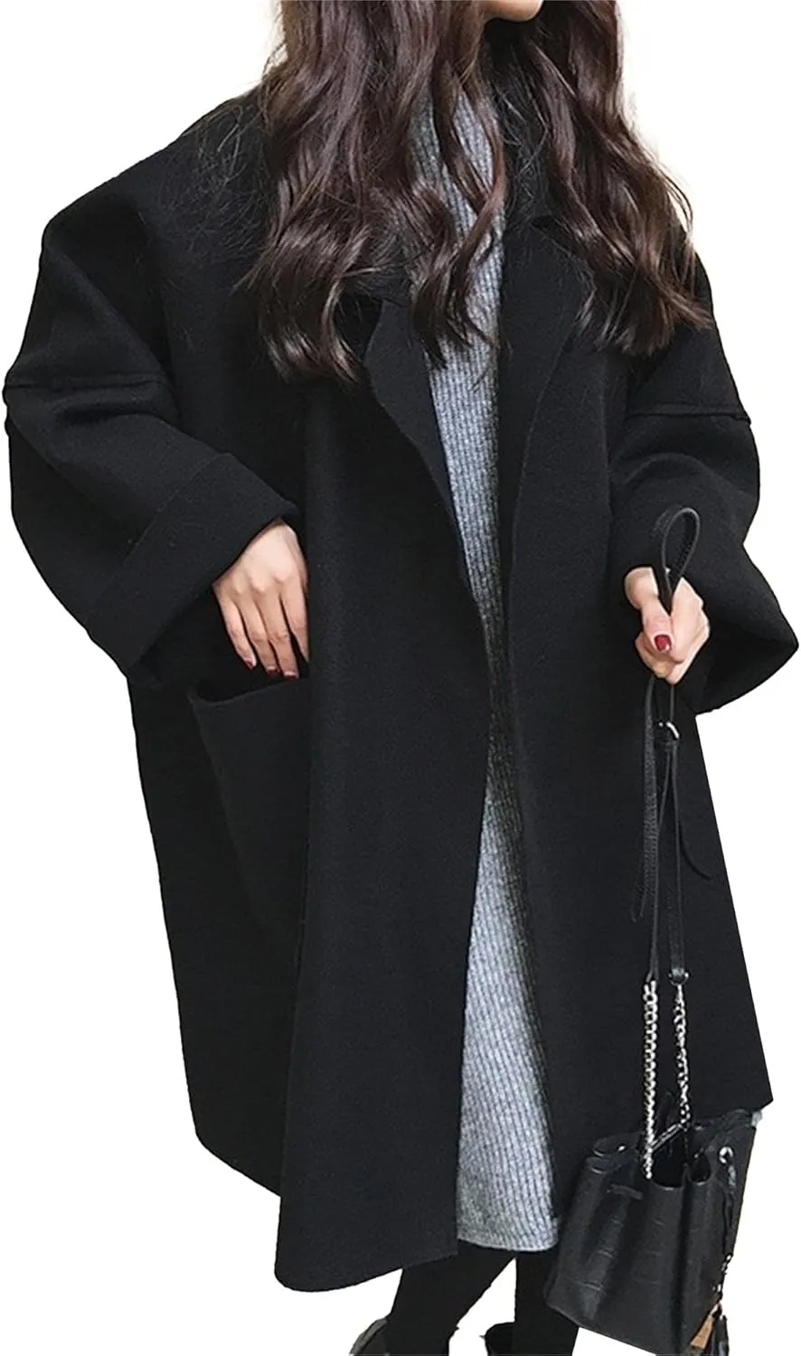 Maiyifu-GJ Women's Notched Lapel Cardigan Jacket Mid-Long Wool Blend Open Front Trench Coats Spring Fall Casual Coat