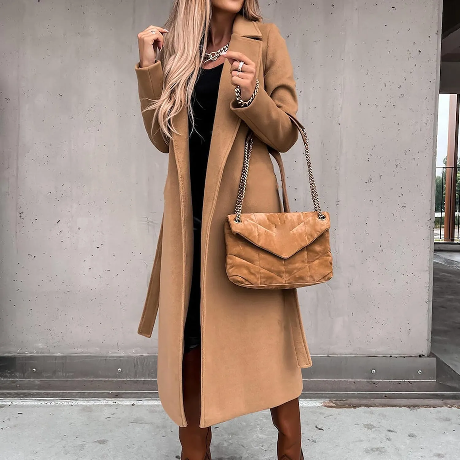 Maiyifu-GJ Women's Notched Lapel Coat Jacket Slim Mid-Long Wool Blend Outerwear Casual Fall Winter Trench Coats with Belt