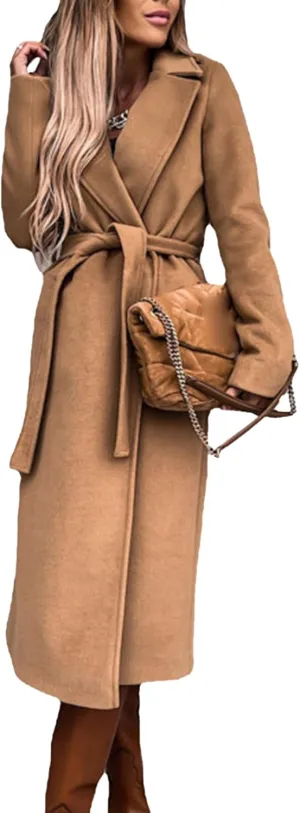 Maiyifu-GJ Women's Notched Lapel Coat Jacket Slim Mid-Long Wool Blend Outerwear Casual Fall Winter Trench Coats with Belt