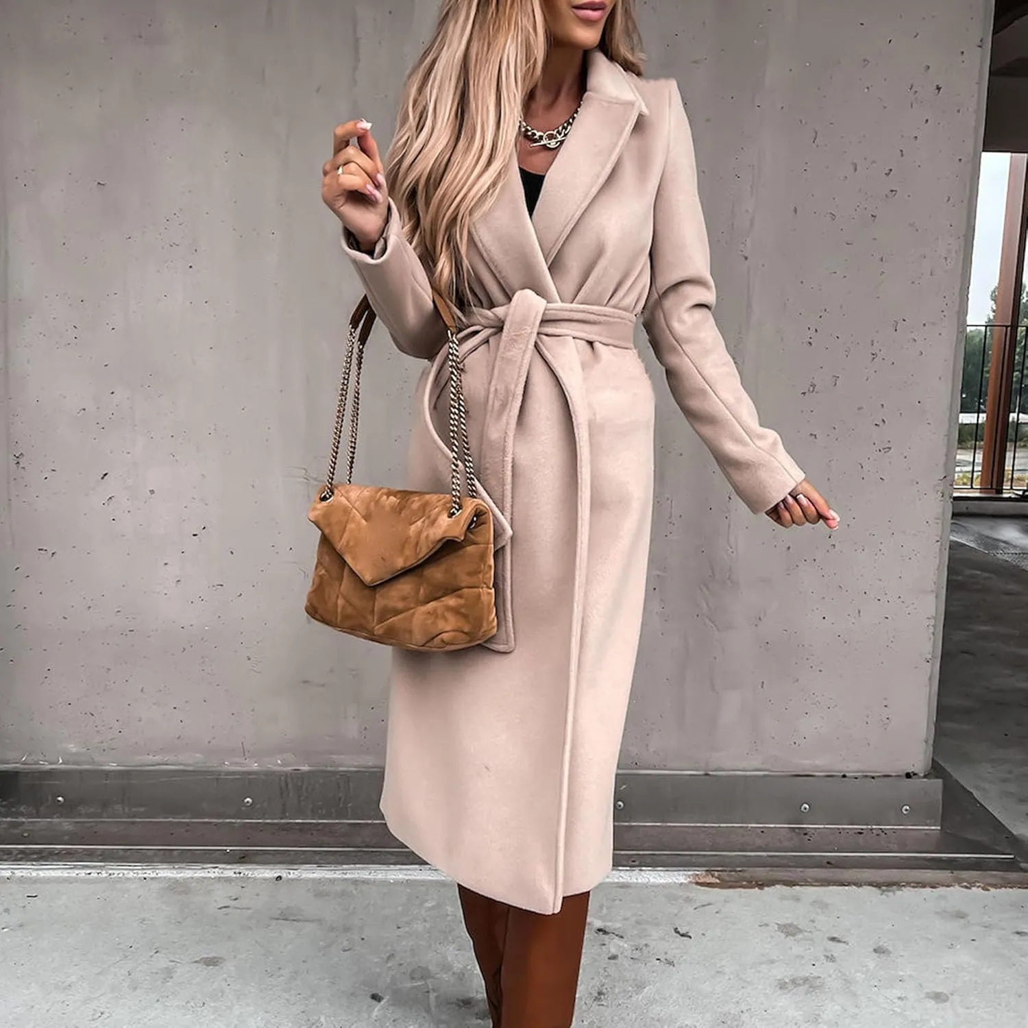 Maiyifu-GJ Women's Notched Lapel Coat Jacket Slim Mid-Long Wool Blend Outerwear Casual Fall Winter Trench Coats with Belt
