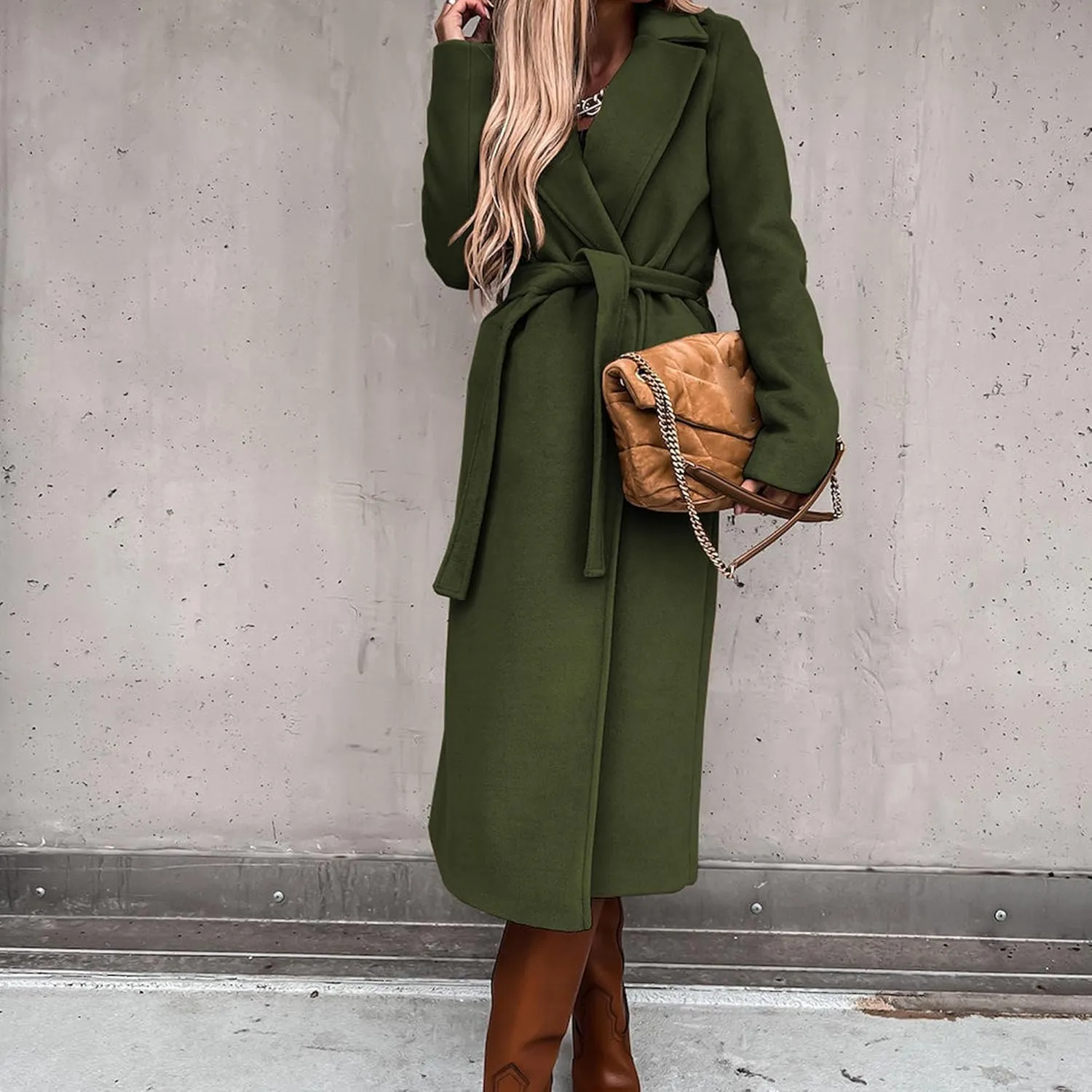 Maiyifu-GJ Women's Notched Lapel Coat Jacket Slim Mid-Long Wool Blend Outerwear Casual Fall Winter Trench Coats with Belt