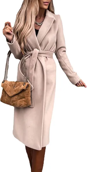Maiyifu-GJ Women's Notched Lapel Coat Jacket Slim Mid-Long Wool Blend Outerwear Casual Fall Winter Trench Coats with Belt