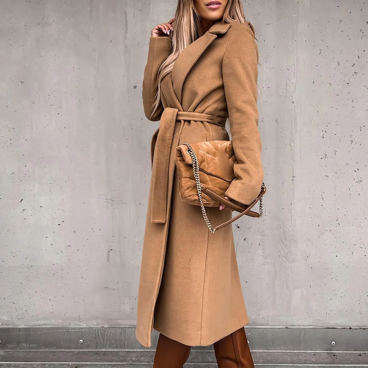Maiyifu-GJ Women's Notched Lapel Coat Jacket Slim Mid-Long Wool Blend Outerwear Casual Fall Winter Trench Coats with Belt