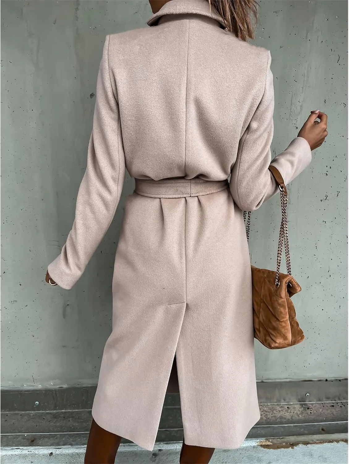 Maiyifu-GJ Women's Notched Lapel Coat Jacket Slim Mid-Long Wool Blend Outerwear Casual Fall Winter Trench Coats with Belt