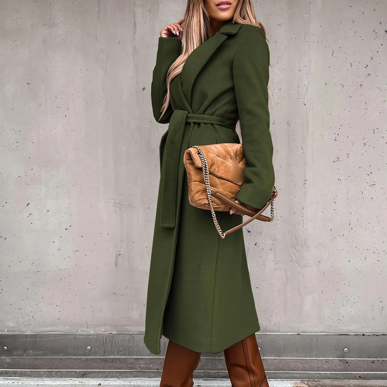 Maiyifu-GJ Women's Notched Lapel Coat Jacket Slim Mid-Long Wool Blend Outerwear Casual Fall Winter Trench Coats with Belt
