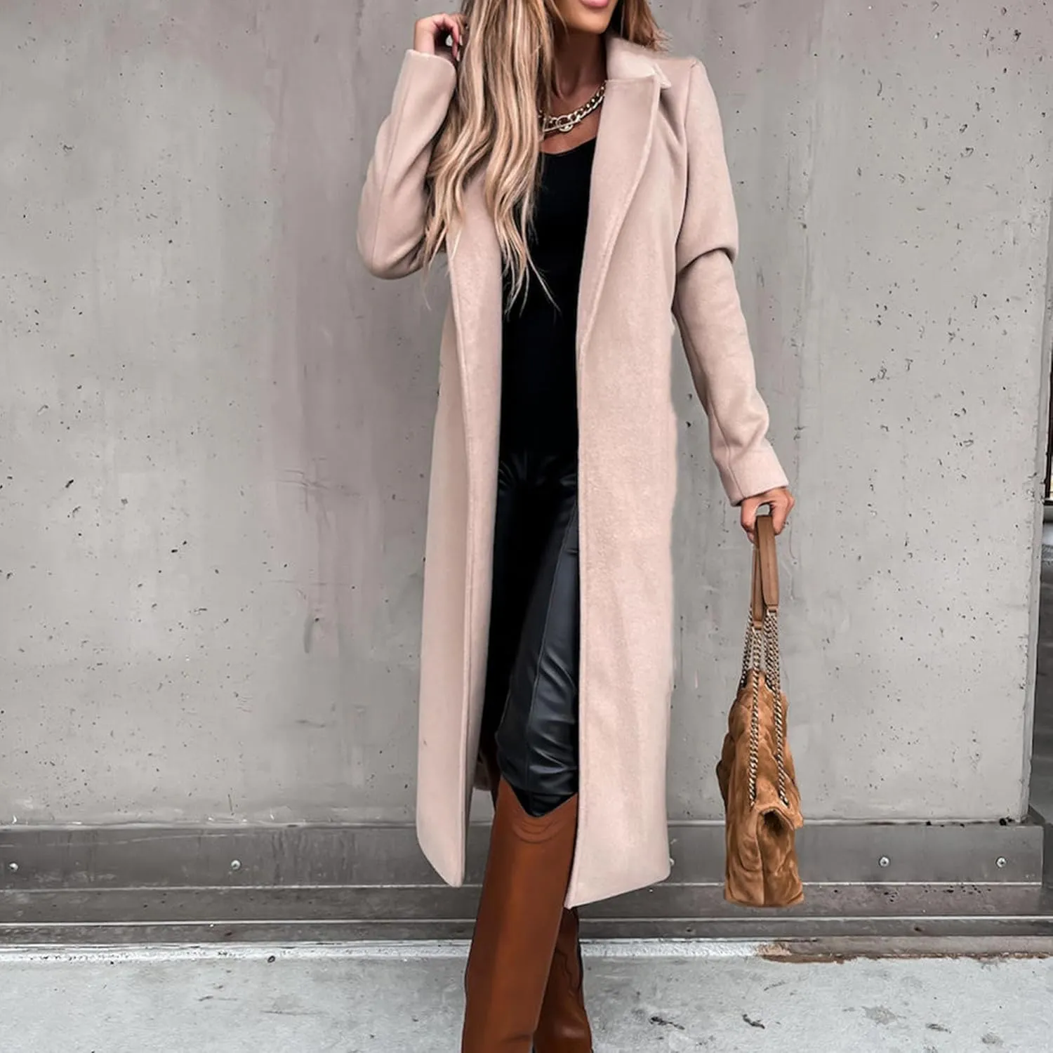 Maiyifu-GJ Women's Notched Lapel Coat Jacket Slim Mid-Long Wool Blend Outerwear Casual Fall Winter Trench Coats with Belt