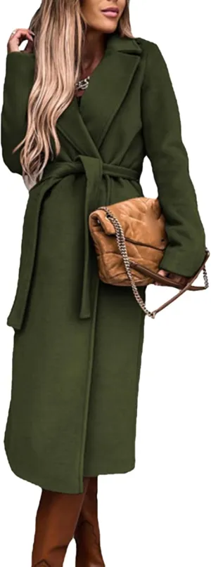 Maiyifu-GJ Women's Notched Lapel Coat Jacket Slim Mid-Long Wool Blend Outerwear Casual Fall Winter Trench Coats with Belt
