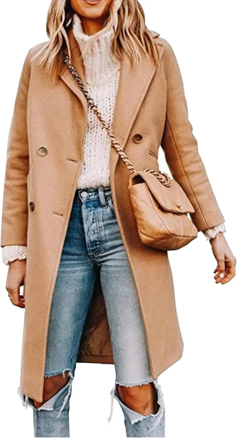 Maiyifu-GJ Womens Notched Lapel Mid Long Trench Coat Double Breasted Wool Blend Coat Winter Casual Long Jackets