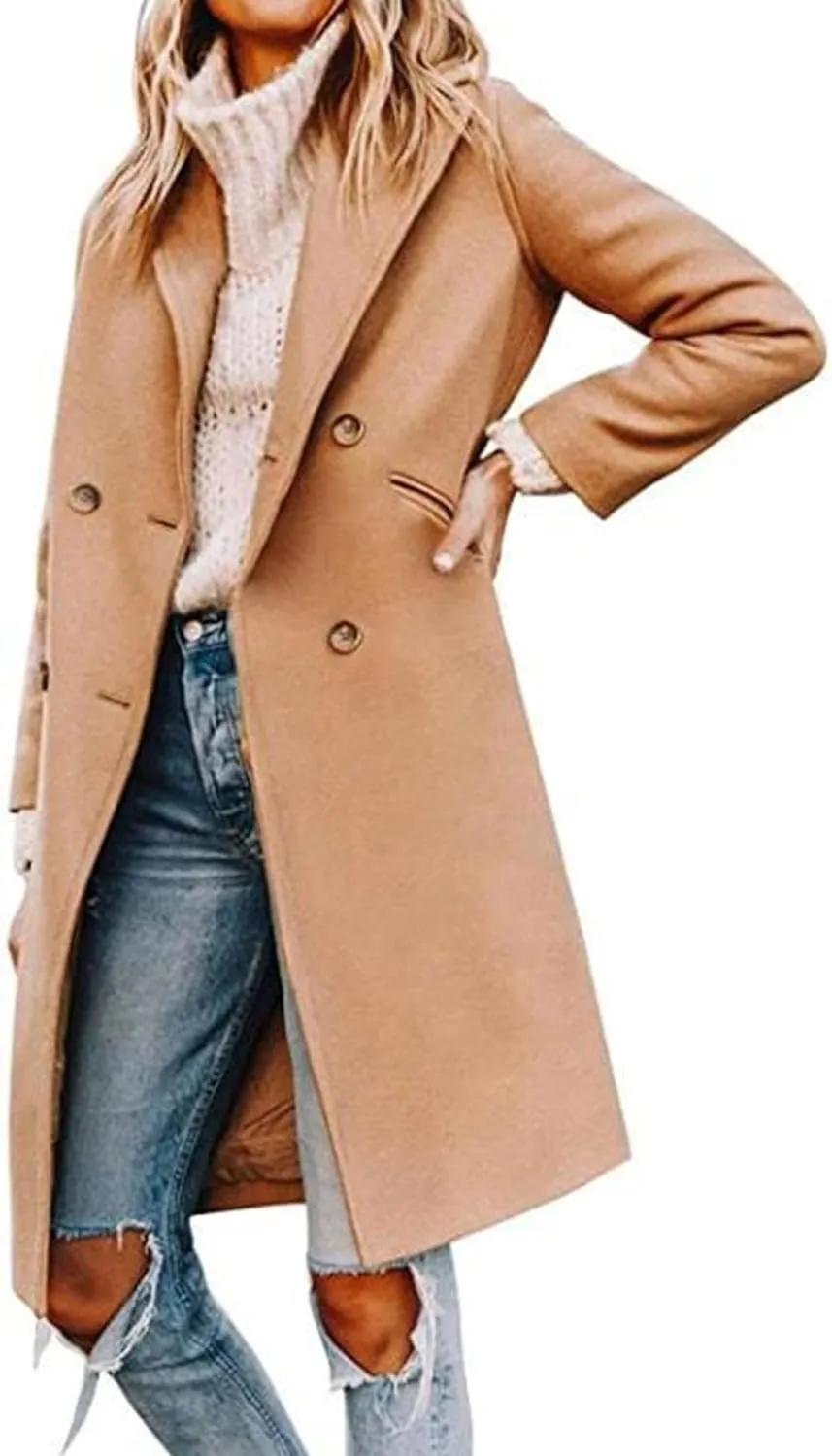 Maiyifu-GJ Womens Notched Lapel Mid Long Trench Coat Double Breasted Wool Blend Coat Winter Casual Long Jackets