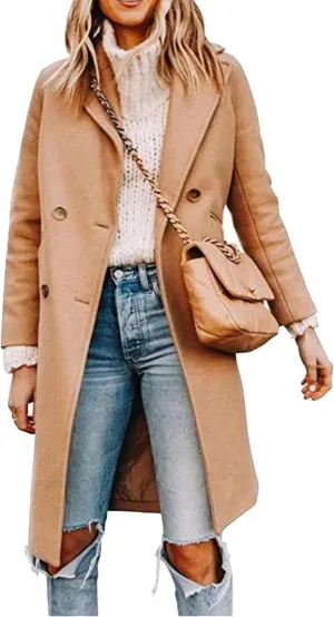 Maiyifu-GJ Womens Notched Lapel Mid Long Trench Coat Double Breasted Wool Blend Coat Winter Casual Long Jackets