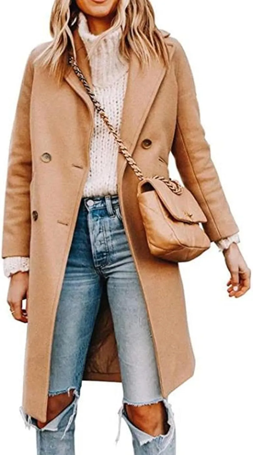 Maiyifu-GJ Womens Notched Lapel Mid Long Trench Coat Double Breasted Wool Blend Coat Winter Casual Long Jackets